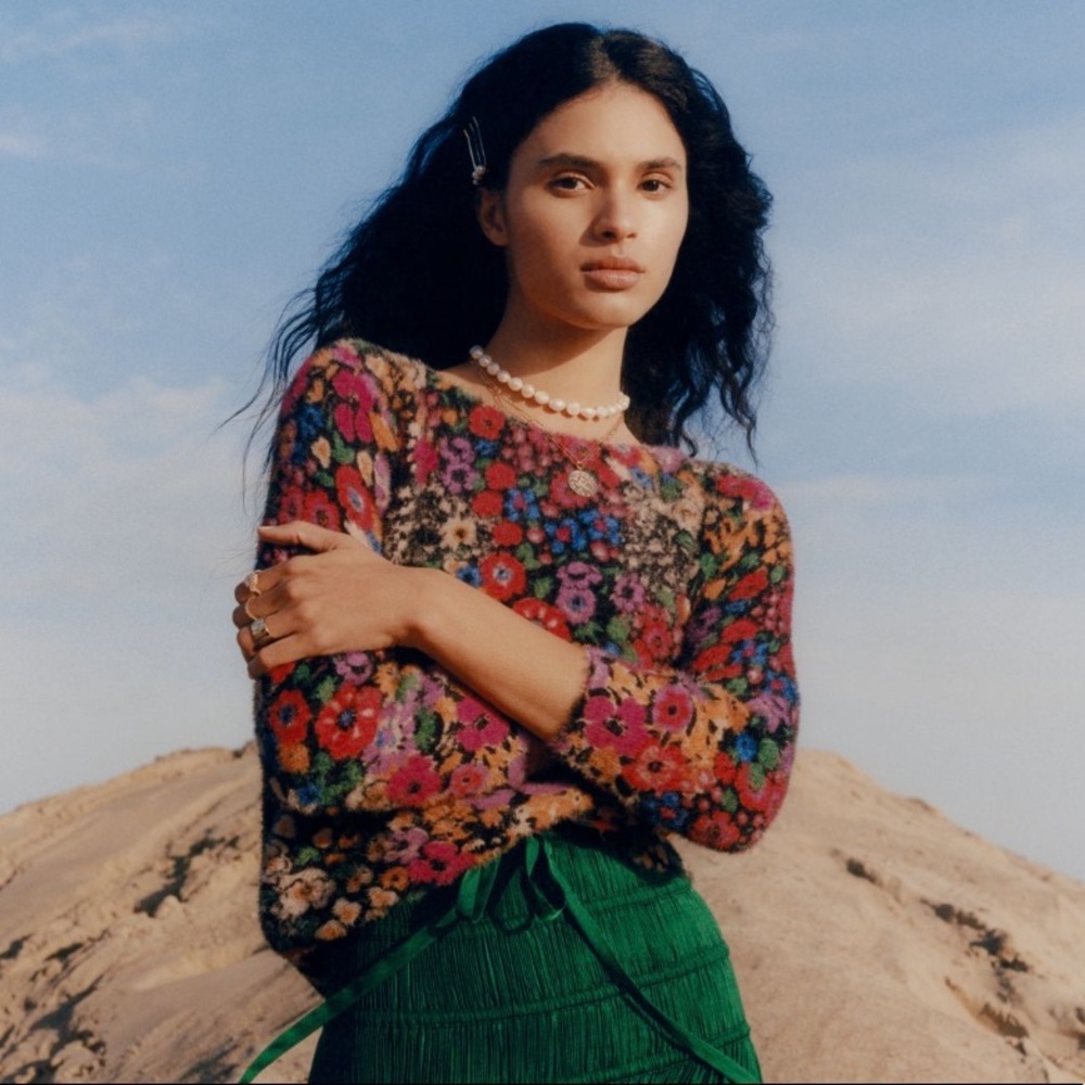 Anthropologie Multicolor Floral Fuzzy Knit Sweater